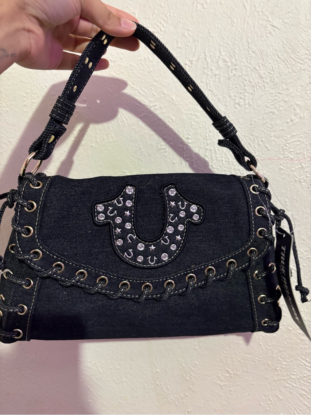 True Religion Black Denim Shoulder Bag with Studded Horseshoe Emblem